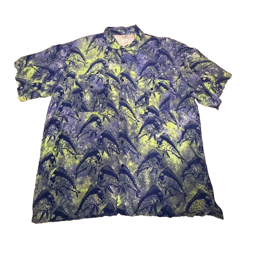 100% Cotton Fishing Shirt Mahi Fish Batik Men's XXL Black Fly Vaughn Cochran